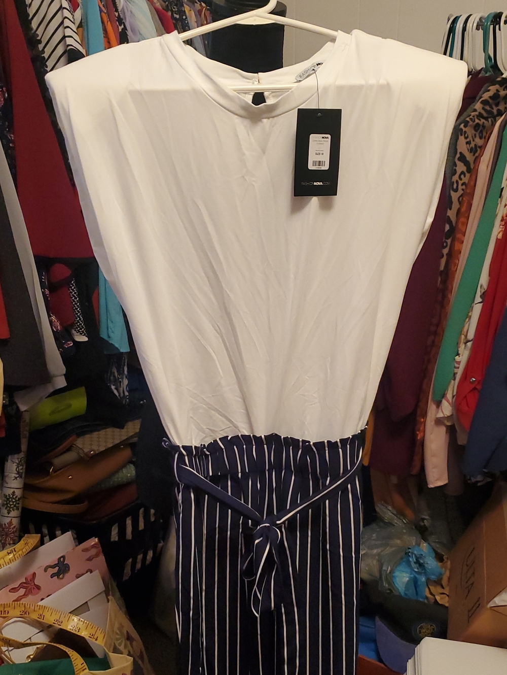 Fashion Nova White Top with Black Striped Jumpsuit